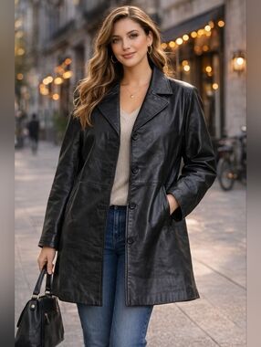Vintage Y2K Middlebrook Park Genuine Leather Car Coat Women’s XL Black Button